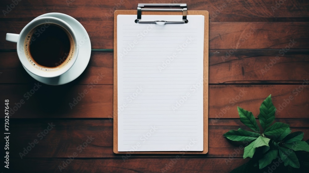 Poster flatlay of a clipboard with a checklist and a cup of coffee, representing a focused and productive w