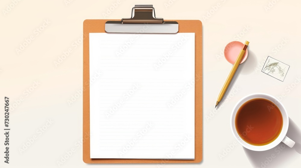 Aufkleber flatlay of a clipboard with a checklist and a cup of tea, representing a calm and structured work en