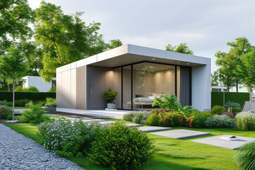 modern minimalist mini house with grass lawn, flowers garden and many tropical plants