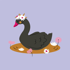 Swan swimming in the lake with reeds. Swan cartoon character. Flat style. Vector illustration.Can be used for t-shirt print, kids wear fashion design, baby shower invitation card.