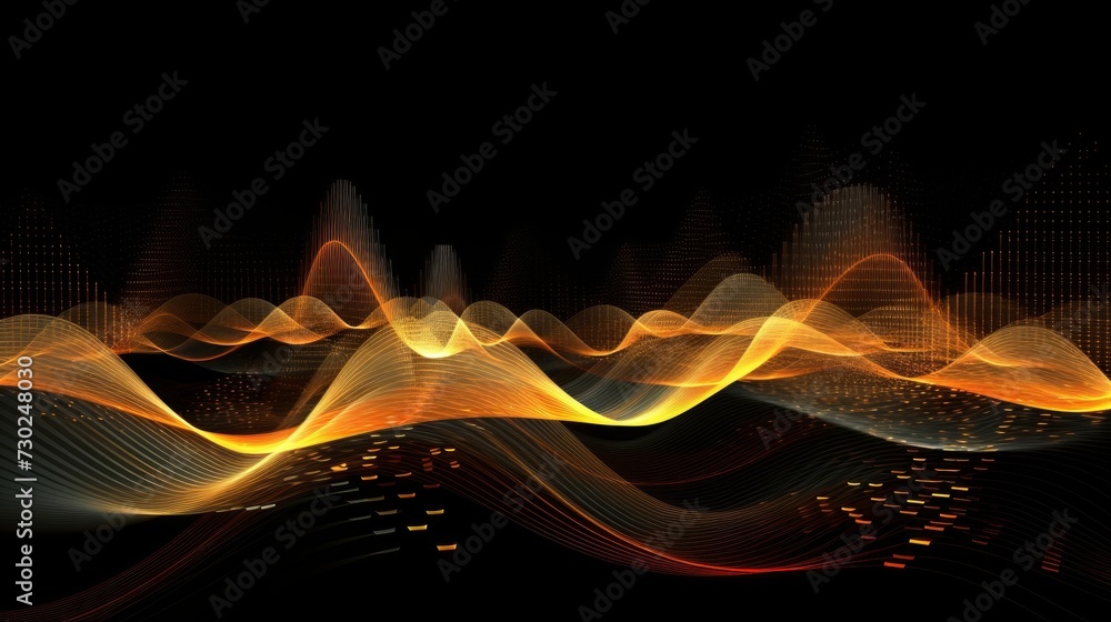 Poster hypnotic audio waveforms merging and diverging, symbolizing the dynamic interplay of sound in a comp