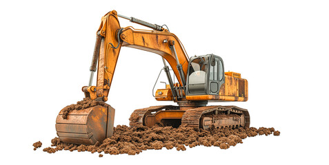 A backhoe is shoveling dirt on a pile of sand on a white background.Image generated by AI