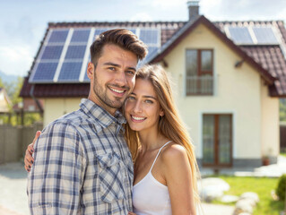 Fototapeta na wymiar A young couple of a man and a woman are standing in front of a modern green house with solar panels on the roof, looking at camera and smiling. Sustainability and renewable energy.