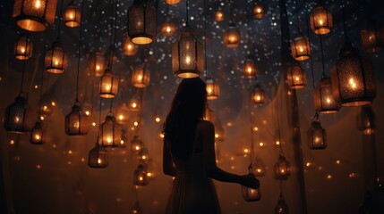 photo of Lanterns in the night sky, and a woman standing, as a banner or wallpaper