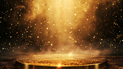 golden podium with stars glowing gold stage with glitter and light smoke on dark background - obrazy, fototapety, plakaty