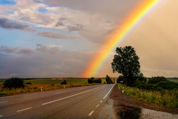 Naklejka na ściany i meble Asphalt deserted road after rain, fields and a colorful rainbow