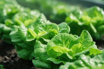 Green salad leaves on a vegetable field. Gardening background with green salad plants in a greenhouse.