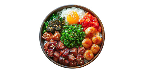 Yakiniku, Japanese food, Asian food, arranged in a plate on a white background.Image generated by AI
