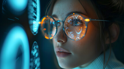 female Engineer designs AI technology with reflection on eyeglass lenses - obrazy, fototapety, plakaty