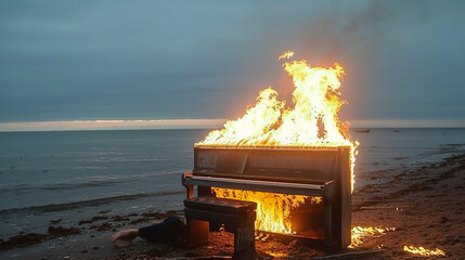 seaside, there is a burning piano