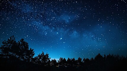 Fototapeta na wymiar Night dark blue sky with many stars over the field of trees generative ai
