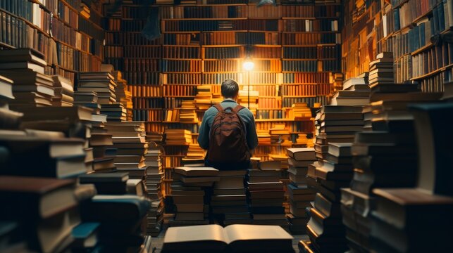 Person Sitting In A Library, Surrounded By Books, Engaging In Self-reflection And Evaluation Of Knowledge And Wisdom