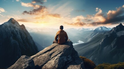 Person sitting on a rock, observing a vast mountain range, contemplating life's vastness and evaluating personal aspirations - obrazy, fototapety, plakaty