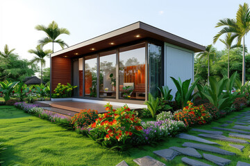 modern minimalist mini house with grass lawn, flowers garden and many tropical plants