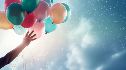 Symbolic image of a person's hand releasing colorful balloons, representing the evaluation and release of life's burdens