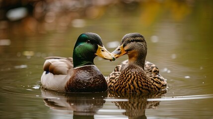 Obraz premium Pair of ducks floating on a pond, beaks close together, generative ai