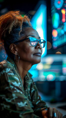Professional military man working in a control center, using modern technology, monitoring national security management, army communications