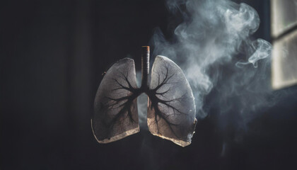 Impact of smoking, air pollution on lungs disease.Lungs flies in a smoked room,dark gray blurred background, copy space. - obrazy, fototapety, plakaty
