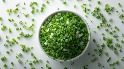 Chopped Green Leek, Scallion Greens Pieces Chopped Chives, Spring Onion on White Background Top View.