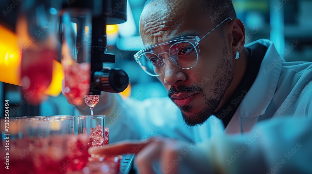 Aufkleber a microbiologist looks at a lab-grown cultured vegan meat sample in a microscope. medical scientist 