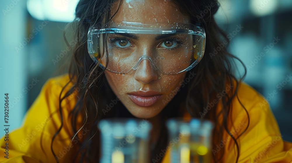 Poster scientist mixing chemicals in a test tube in a lab while wearing protective goggles. young professio