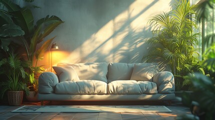 Grey sofa, standard lamp, houseplant and light living room interior