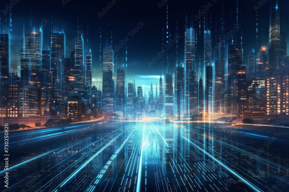 Poster a futuristic cityscape with data streams flowing between skyscrapers