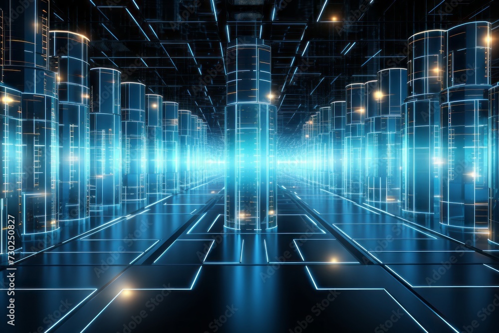 Poster a futuristic data storage facility with rows of glowing data pods