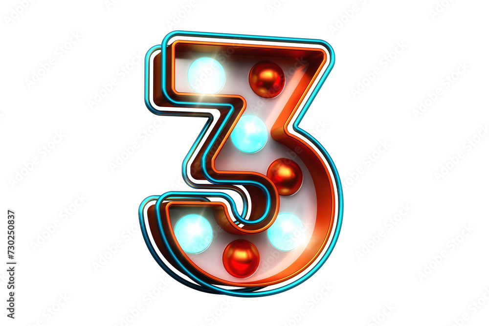 Poster retro modern style 3d font with luminous light bulbs. number 3 in metallic orange with blue lights. 