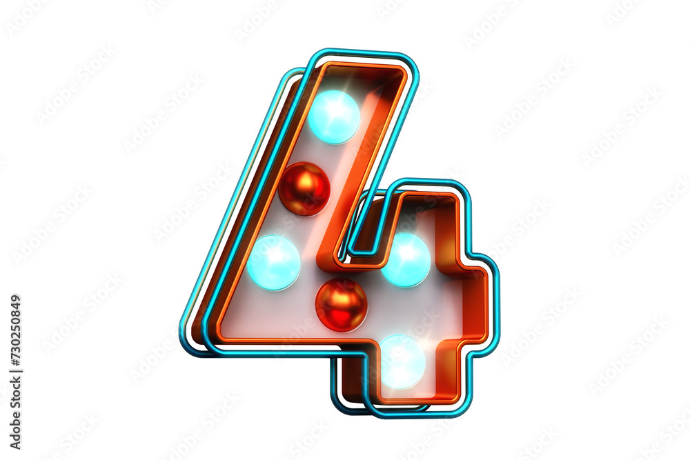 Poster light bulb vintage font digit number 4 in copper and bright blue. high quality 3d rendering.