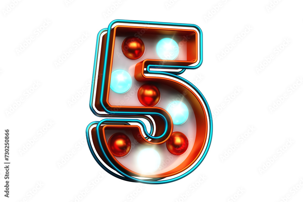 Aufkleber lightbox sign typography digit number 5 in shiny orange with blue lights. striking luminous font. hi
