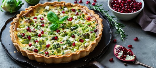 Vegetable quiche with goat cheese, brussels sprouts and pomegranate seeds made at home.