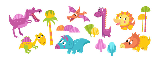 Cute cartoon set dinosaurs. Flat stylised isolated simple illustration for design on white background. Template for text. Vector graphics.