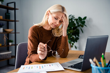 Photo of overworked business woman stressed blond hair lady headache pensioner cant stand financial...