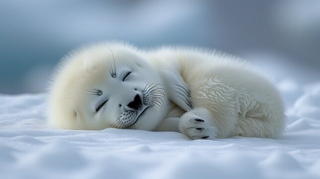 a baby seal laying on top of it's back on top of a snow covered ground with its eyes closed.