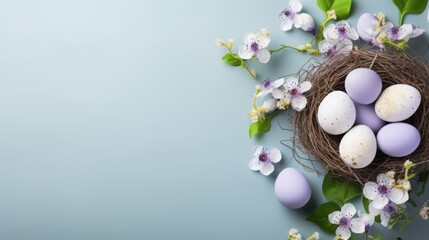 Fototapeta na wymiar Easter Nest Blooms: Colorful Eggs Awaken Spring | Flat Lay Background