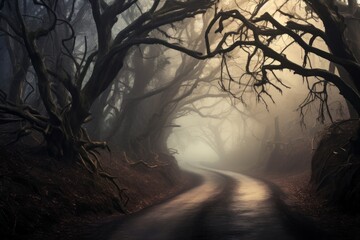 A road leading to a mysterious, fog-covered forest, great for mystic themes