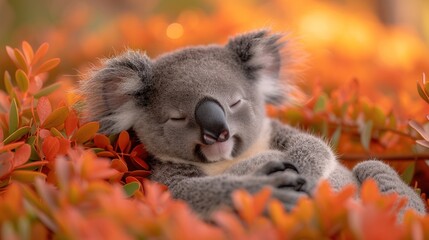 a close up of a koala sitting in a tree with its eyes closed and its head resting on a branch.