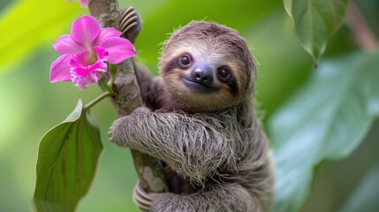 Obraz premium a three - toed sloth hanging from a tree branch with a pink flower in the foreground and green leaves in the background.