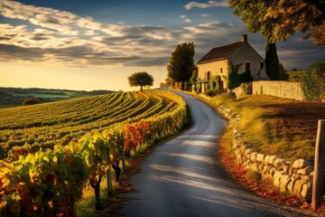 A road through a picturesque vineyard in rural