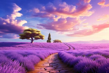 A road through a serene lavender field, ideal for relaxation themes