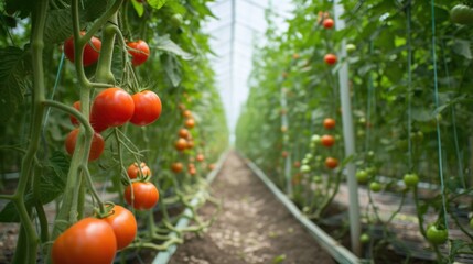 Beautiful red ripe tomatoes grown in a greenhouse