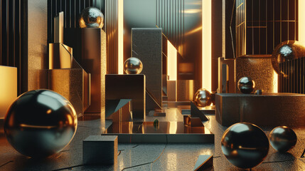 Golden glossy balls and cubes in a beautiful geometric composition, 3D graphics - obrazy, fototapety, plakaty