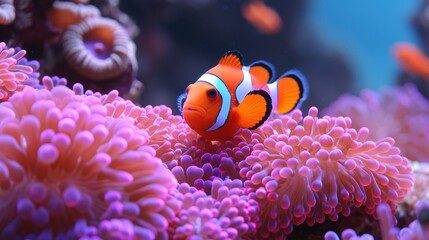 an orange and white clown fish sitting on top of a pink sea anemone in a sea anemone.