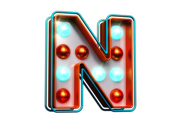 3D typeface letter N in metallic orange with bright blue dots. High quality 3D rendering.