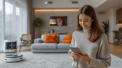A girl controls a smart home from her smartphone against the backdrop of a beautiful interior smart home concept