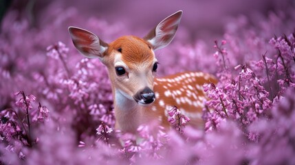 a small deer standing in the middle of a field of purple flowers with a deer's head sticking out of it's mouth.