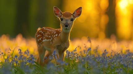 Obraz premium a young deer standing in the middle of a field of bluebells in front of a sunlit forest.