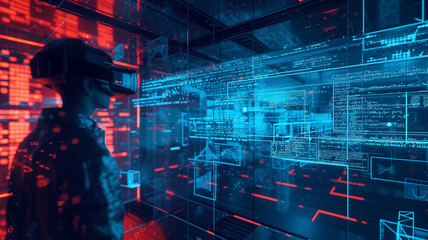 An energetic programmer at a standing desk, vigorously typing, surrounded by dual monitors showcasing web design projects and AI algorithms.