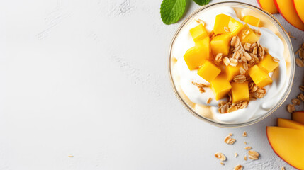Tropical mango and pineapple parfait. Parfait with yogurt, mango and granola - obrazy, fototapety, plakaty